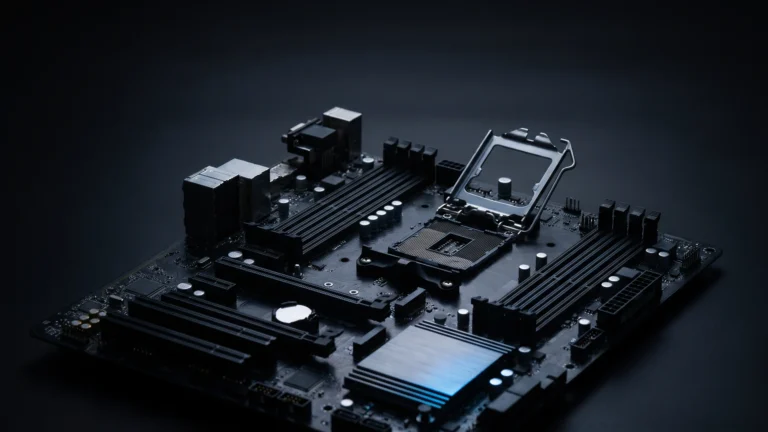 Placa-mãe moderna de PC para Ryzen vista de cima, com o soquete e o dissipador do chipset em destaque