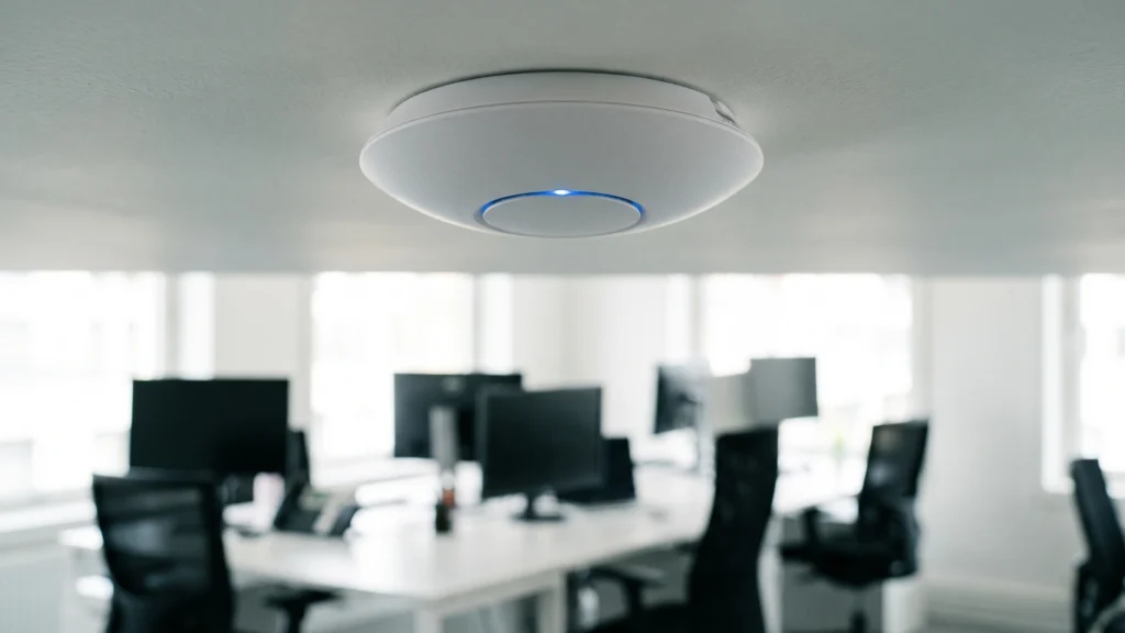 Ponto de acesso Wi-Fi branco preso no teto de um escritório pequeno, com a luz de status acesa