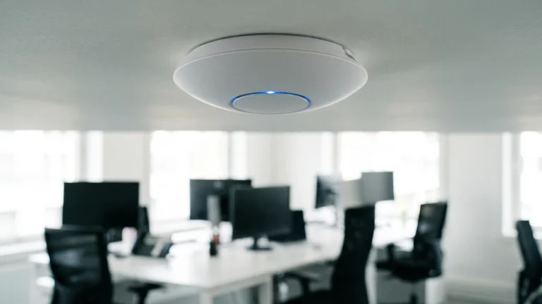 Ponto de acesso Wi-Fi branco preso no teto de um escritório pequeno, com a luz de status acesa