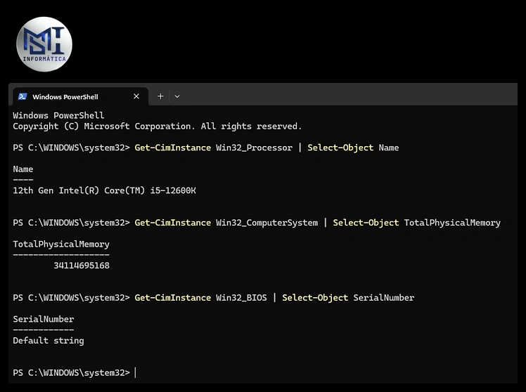 Comandos do PowerShell para o inventário de computadores: processador Intel Core i5-12600K, memória em bytes e número de série da BIOS