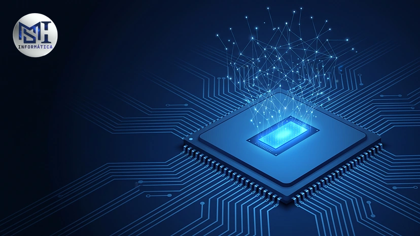 Processador com a NPU, a parte do chip para tarefas de inteligência artificial, destacada em luz azul