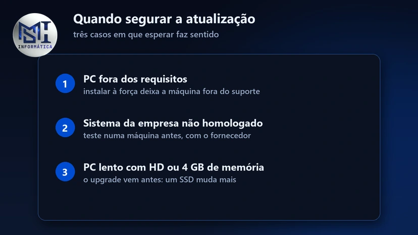Três casos em que vale segurar a atualização para o Windows 11: PC fora dos requisitos, sistema da empresa não homologado e PC lento com HD ou 4 GB