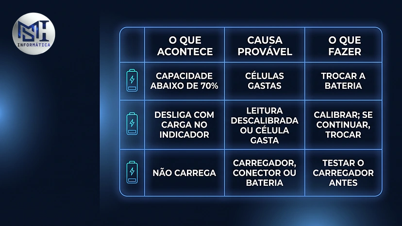 Tabela de quando trocar a bateria do notebook: capacidade abaixo de 70%, desligando com carga ou sem carregar