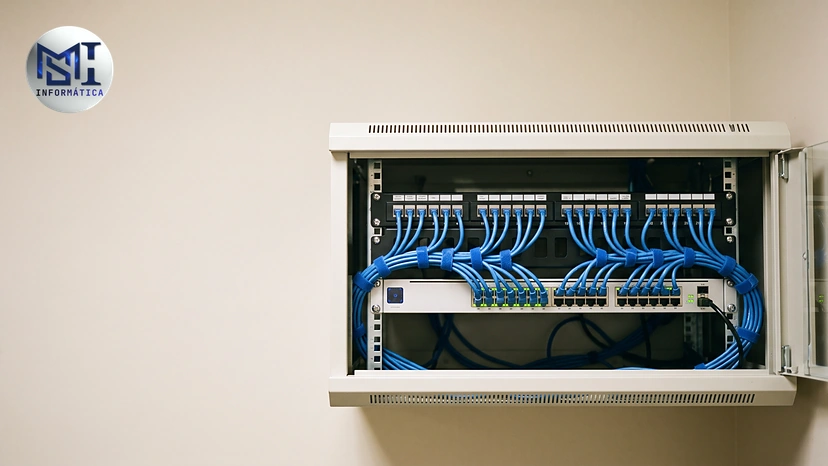 Rack com patch panel e switch, cabos curtos organizados e cada ponto de rede identificado