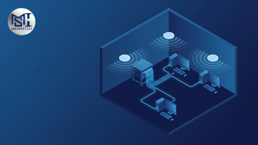Esquema da rede de uma pequena empresa: switch ligado por cabo aos computadores e a três pontos de acesso no teto