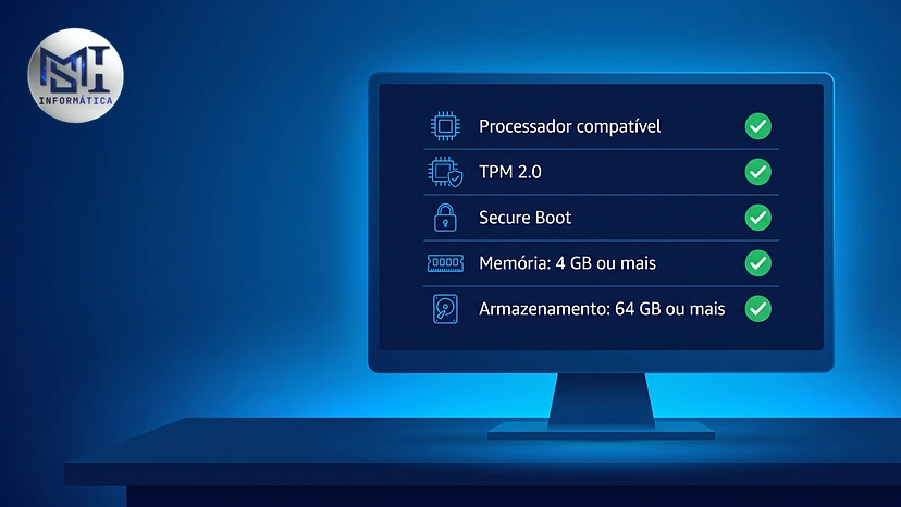 Lista dos requisitos do Windows 11 numa tela: processador compatível, TPM 2.0, Secure Boot, memória e armazenamento