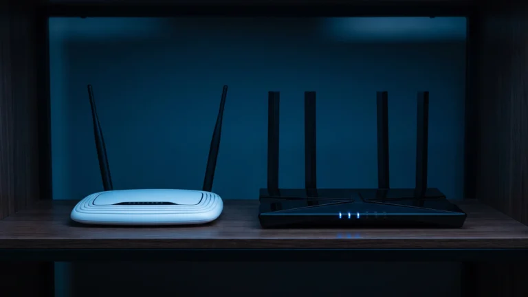 Dois roteadores Wi-Fi lado a lado numa estante, um mais antigo e simples e outro moderno com mais antenas