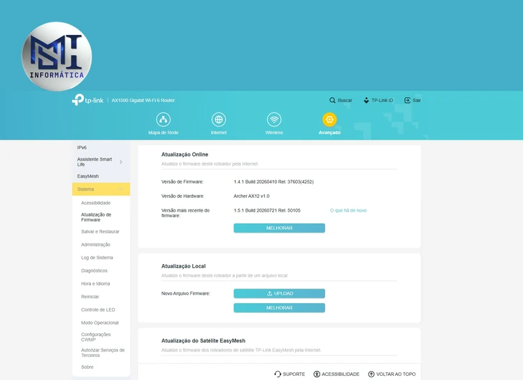 Tela de Atualização de Firmware do TP-Link Archer AX12 mostrando a versão instalada e uma versão mais nova disponível