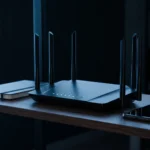 Roteador Wi-Fi moderno com várias antenas e luzes acesas numa estante de escritório à noite, ao lado de um notebook e de um celular