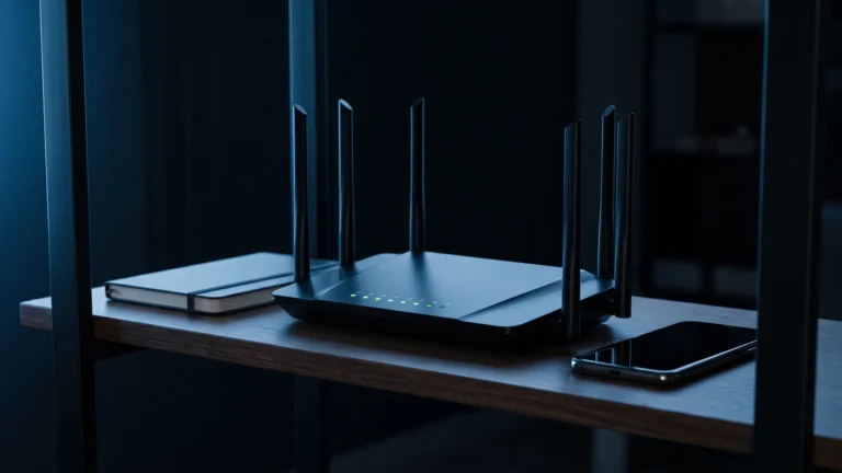 Roteador Wi-Fi moderno com várias antenas e luzes acesas numa estante de escritório à noite, ao lado de um notebook e de um celular
