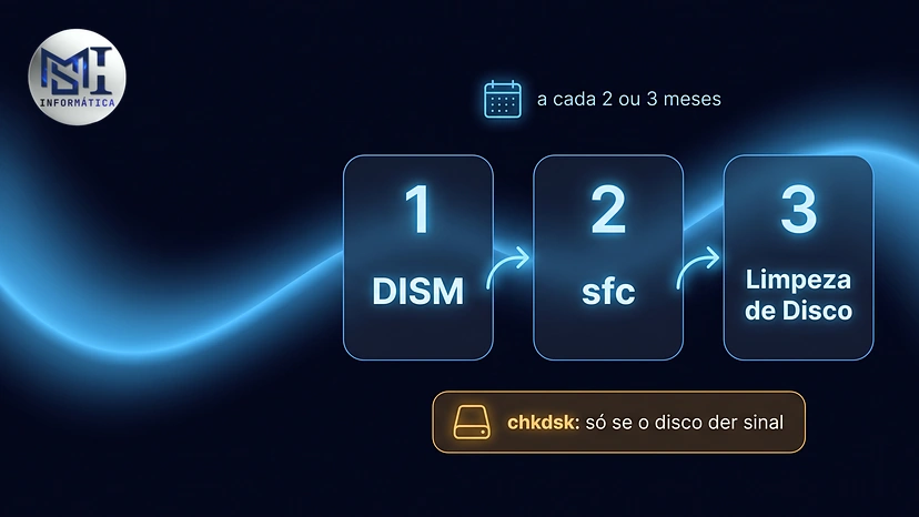 Rotina de manutenção com CMD: a cada 2 ou 3 meses, DISM, sfc e Limpeza de Disco, nessa ordem; o chkdsk só quando o disco der sinal de problema