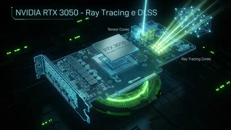 Arquitetura da RTX 3050 mostrando Tensor Cores, Ray Tracing Cores e suporte a DLSS. Rx 6600 vs rtx 3050