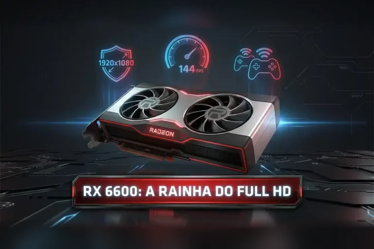 Imagem de destaque da placa de vídeo AMD Radeon RX 6600, com a frase "RX 6600: A Rainha do Full HD". A imagem mostra a placa em um ângulo dinâmico com ícones de desempenho em 1080p e 144 FPS.