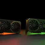 Duas placas de vídeo lado a lado, uma com luz vermelha e outra com luz verde, ilustrando a comparação entre a Radeon RX 9070 XT e a GeForce RTX 5070