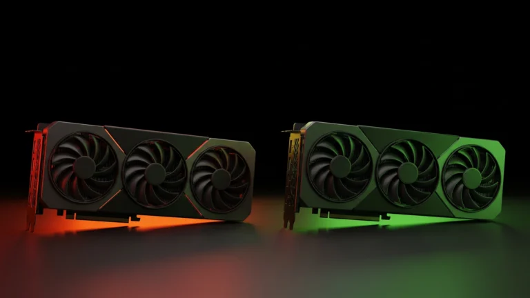 Duas placas de vídeo lado a lado, uma com luz vermelha e outra com luz verde, ilustrando a comparação entre a Radeon RX 9070 XT e a GeForce RTX 5070