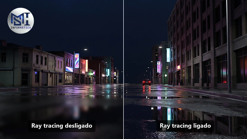 Ilustração: a mesma rua à noite com ray tracing desligado, com o reflexo das poças borrado e apagado, e ligado, com reflexos nítidos dos letreiros e das luzes