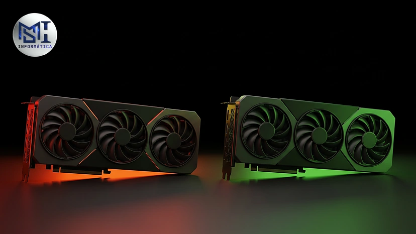 Duas placas de vídeo lado a lado, uma com luz vermelha e outra com luz verde, ilustrando a comparação entre a Radeon RX 9070 XT e a GeForce RTX 5070