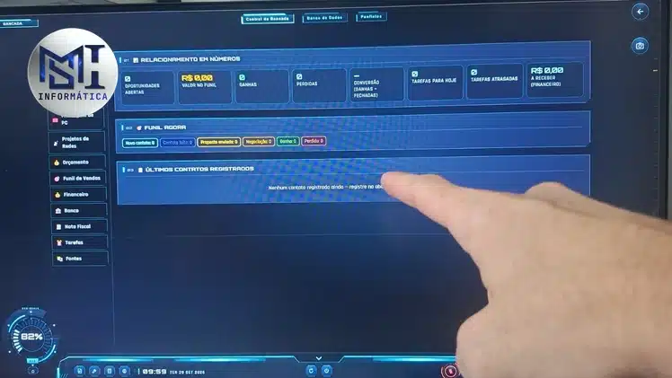 Monitor com o painel do RYZON, sistema interno da MSI Informática, e o menu com orçamento, funil de vendas, financeiro e nota fiscal