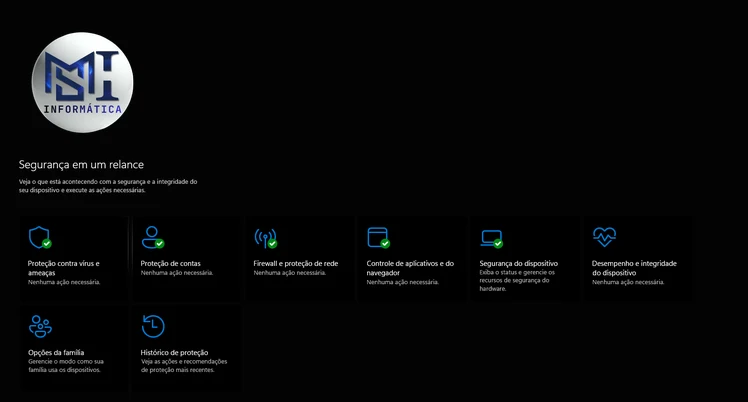 Tela Segurança em um relance do Windows com proteção contra vírus, contas, firewall, aplicativos e dispositivo marcadas como nenhuma ação necessária