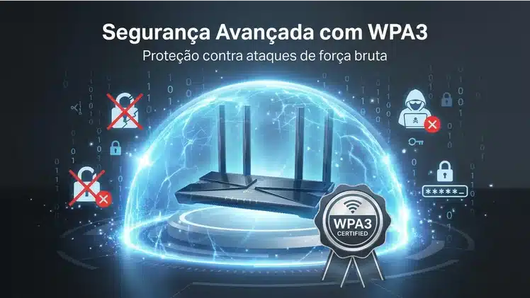 Roteador Wi-Fi moderno no centro cercado por escudo de proteção digital brilhante em azul translúcido, com ícones de ameaças bloqueadas ao redor (cadeado quebrado riscado, símbolo de hacker com X vermelho, ícone de senha fraca bloqueado), selo de certificação WPA3 em destaque e elementos visuais de criptografia com códigos binários flutuando