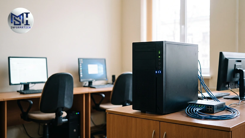 Escritório pequeno com um servidor torre num móvel baixo, ligado por cabo de rede aos computadores das mesas