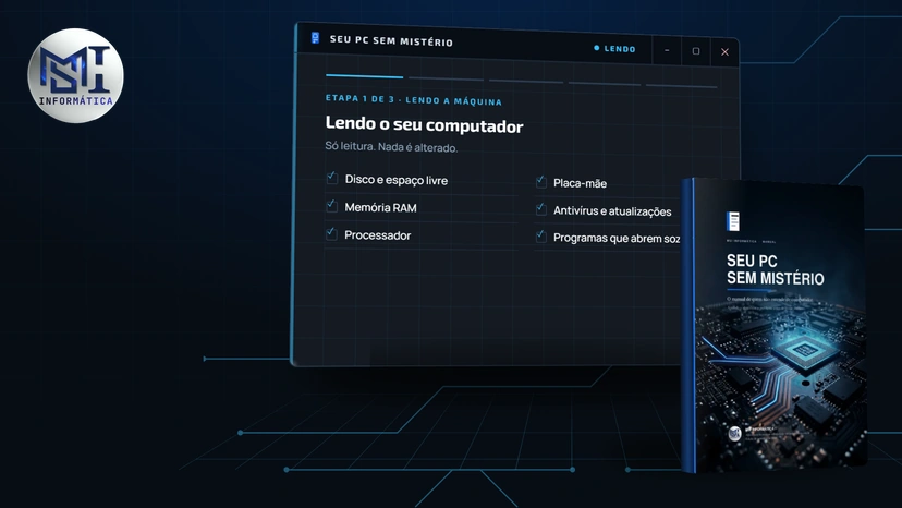 O programa Seu PC sem Mistério e o manual em PDF, usados para decidir entre consertar ou trocar o computador