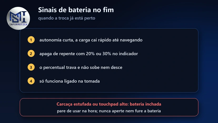 Sinais de bateria de notebook no fim: autonomia curta, desliga com 20% ou 30%, percentual travado e só funciona na tomada