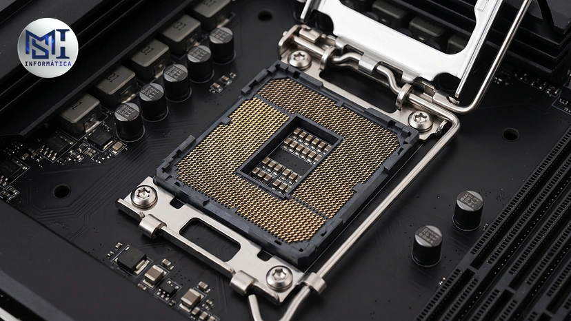Ilustração: soquete Intel LGA 1851 vazio, retangular, com a moldura de retenção aberta e a alavanca de travamento