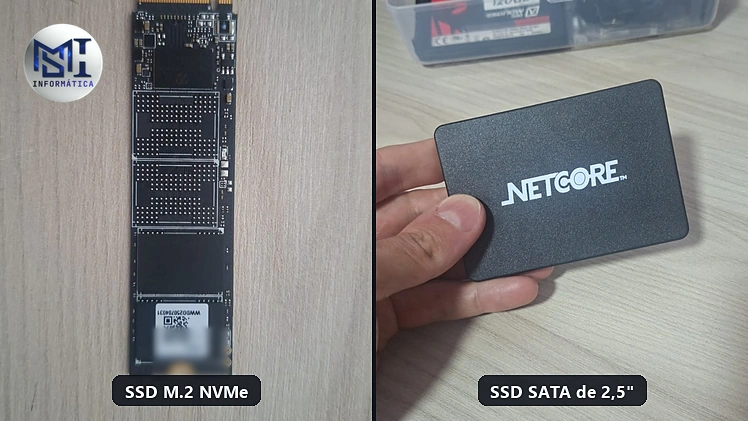 SSD M.2 NVMe e SSD SATA de 2,5 polegadas lado a lado, comparando os dois tipos de SSD