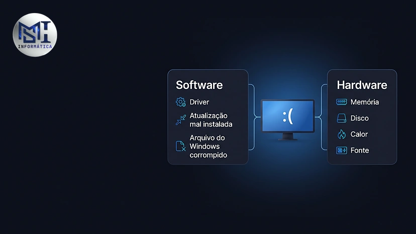 Esquema dos dois grupos de causa da tela azul no Windows 11: software (driver, atualização, arquivo) e hardware (memória, disco, calor, fonte)