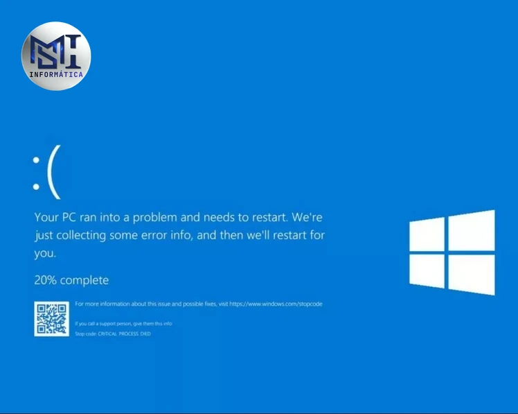Tela azul do Windows com o stop code CRITICAL_PROCESS_DIED e a coleta de informações do erro em 20%