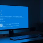 Monitor numa mesa de escritório mostrando a tela azul da morte do Windows, com o rosto triste e o código de parada CRITICAL_PROCESS_DIED