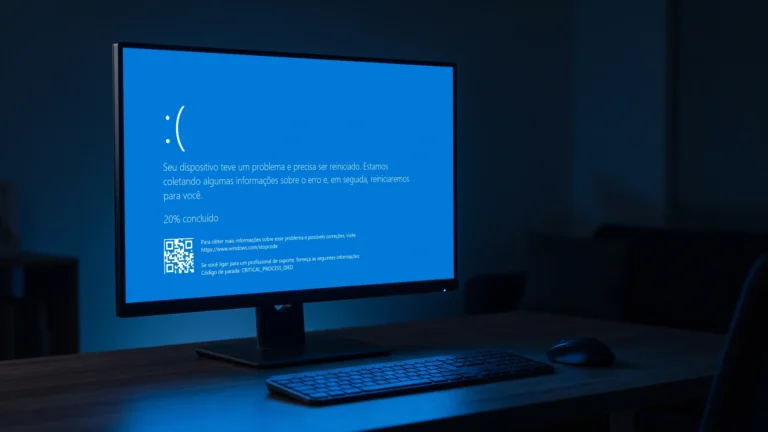 Monitor numa mesa de escritório mostrando a tela azul da morte do Windows, com o rosto triste e o código de parada CRITICAL_PROCESS_DIED