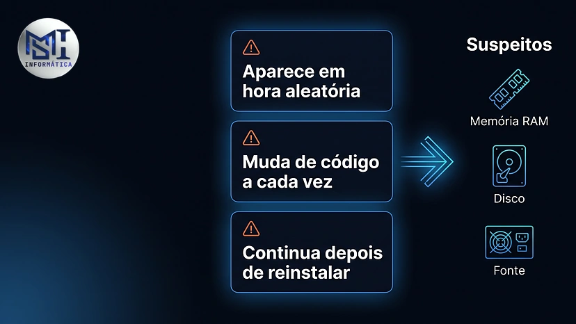 Sinais de que a tela azul vem de peça: erro em hora aleatória, código que muda e erro que continua depois de reinstalar