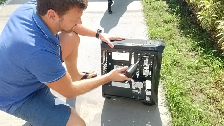 Marcello Di Silvestro tirando a poeira de um gabinete de PC com o soprador, do lado de fora de casa