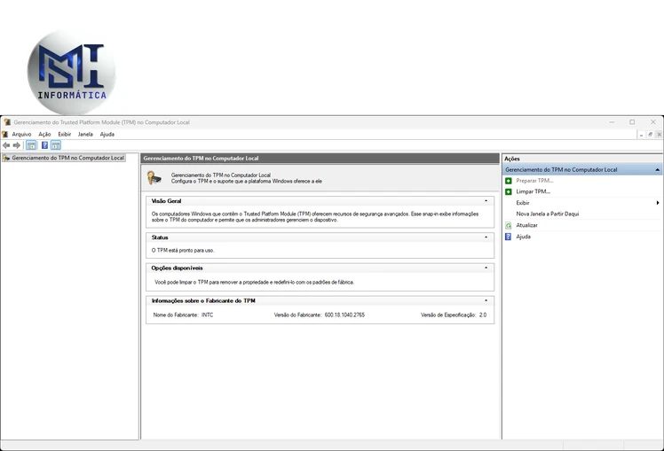Janela do tpm.msc no Windows mostrando que o TPM está pronto para uso, com versão de especificação 2.0