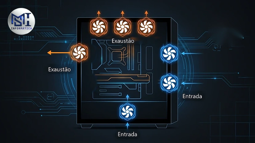 Ventoinhas de um gabinete gamer: as da frente e as de baixo são entrada, as do topo e a da traseira são exaustão