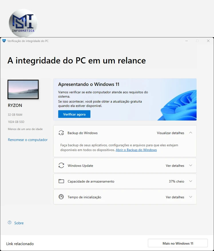 Tela inicial do app Verificação de Integridade do PC, com o quadro Apresentando o Windows 11 e o botão Verificar agora