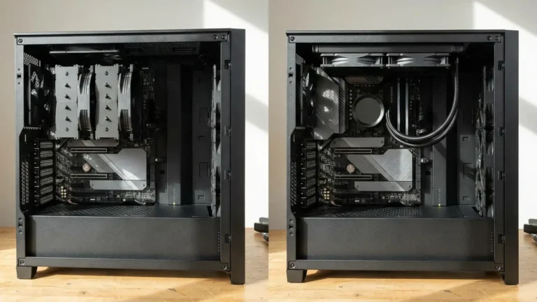 Ilustração: PC com air cooler de torre ao lado de PC com water cooler AIO de 240 mm