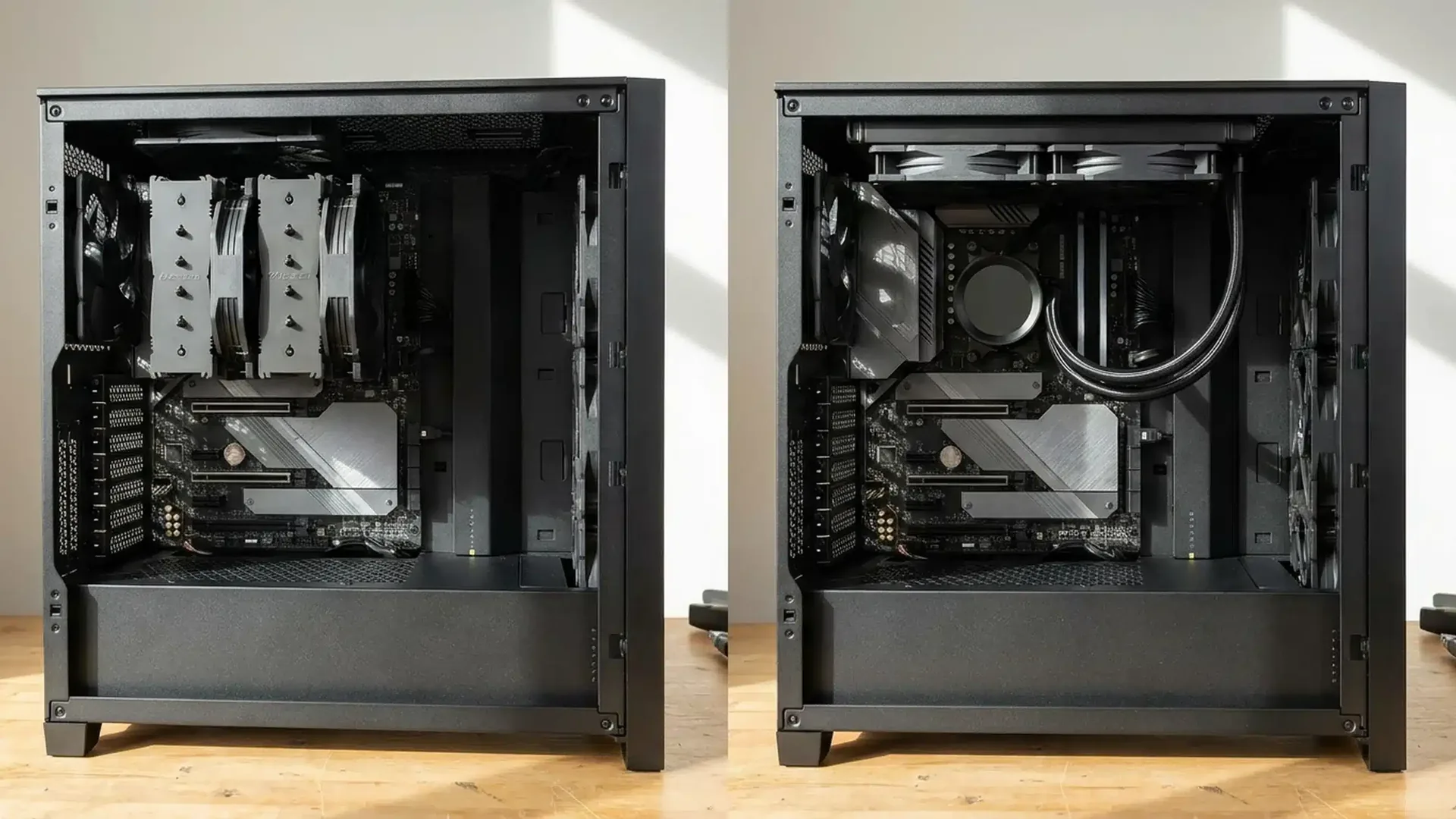 Ilustração: PC com air cooler de torre ao lado de PC com water cooler AIO de 240 mm