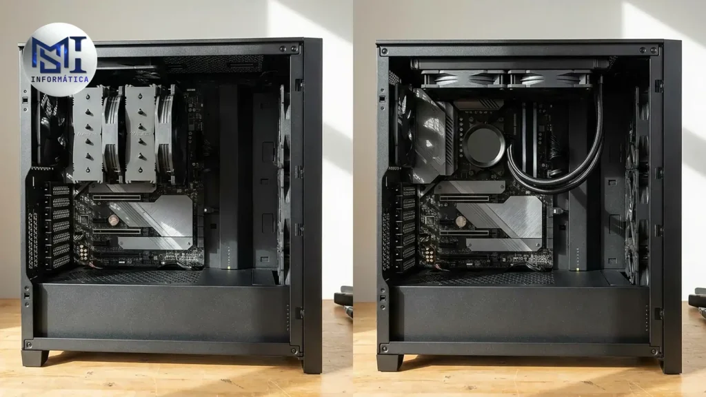 Ilustração: PC com air cooler de torre ao lado de PC com water cooler AIO de 240 mm