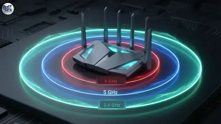 Roteador Wi-Fi 7 com as três bandas: o 6 GHz no anel menor, o 5 GHz no meio e o 2,4 GHz no anel maior, o de mais alcance