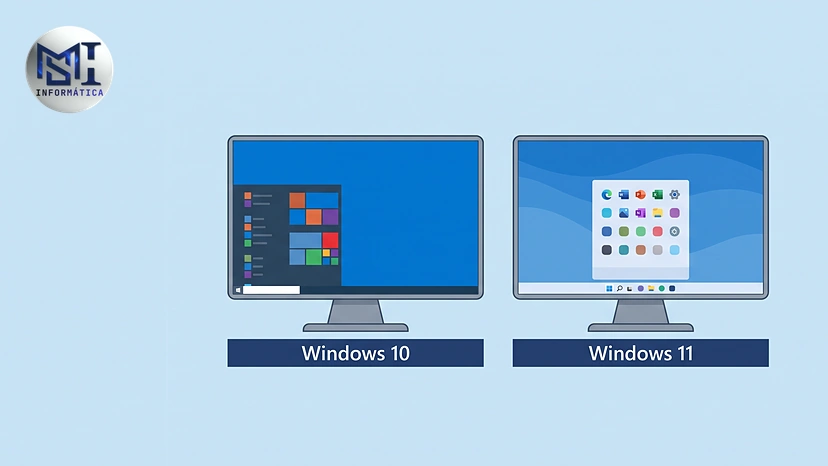 Esquema comparando o Windows 10, com o menu Iniciar à esquerda, e o Windows 11, com o menu Iniciar no centro