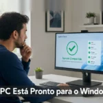 pessoa verificando a compatibilidade do computador com o Windows 11 Descrição: imagem de destaque do artigo sobre como saber se o PC suporta Windows 11, mostrando um usuário em ambiente doméstico diante de um computador com resultado de verificação na tela.