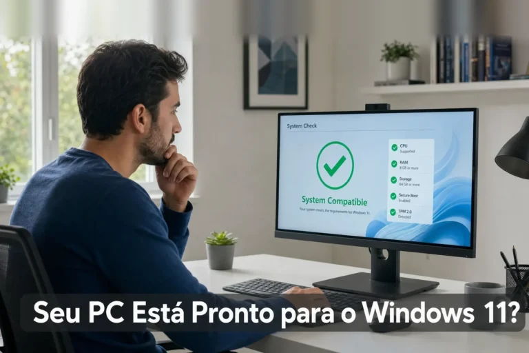 pessoa verificando a compatibilidade do computador com o Windows 11 Descrição: imagem de destaque do artigo sobre como saber se o PC suporta Windows 11, mostrando um usuário em ambiente doméstico diante de um computador com resultado de verificação na tela.
