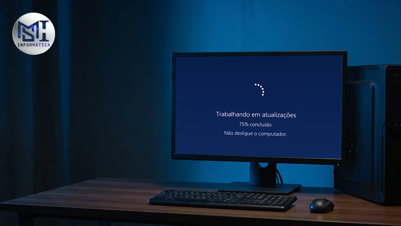 Monitor com o Windows trabalhando em atualizações: 75% concluído, não desligue o computador