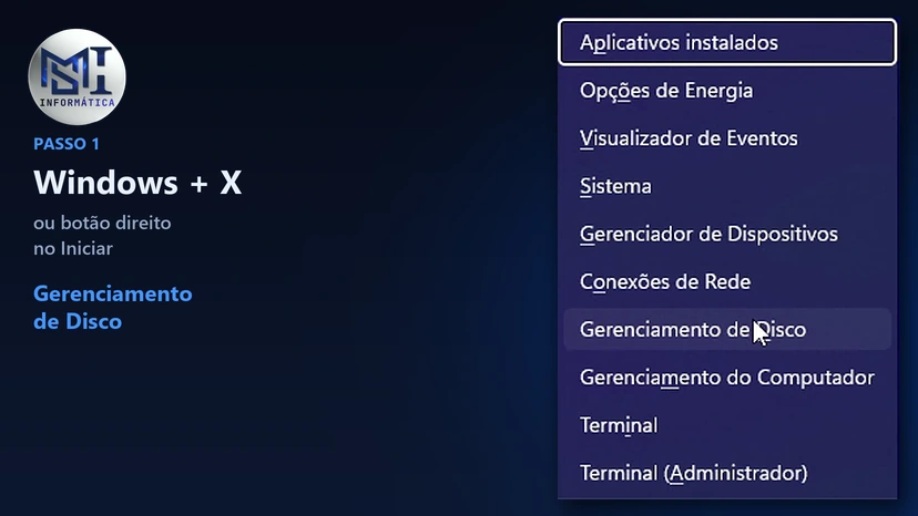 Captura de tela do menu do Windows + X no Windows 11 com a opção Gerenciamento de Disco selecionada