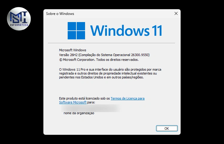 Janela Sobre o Windows, aberta pelo winver, com Windows 11 Pro, versão 26H2, compilação 26300.9550
