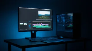 Workstation discreta de edição de vídeo numa mesa, com monitor grande mostrando uma linha do tempo de edição